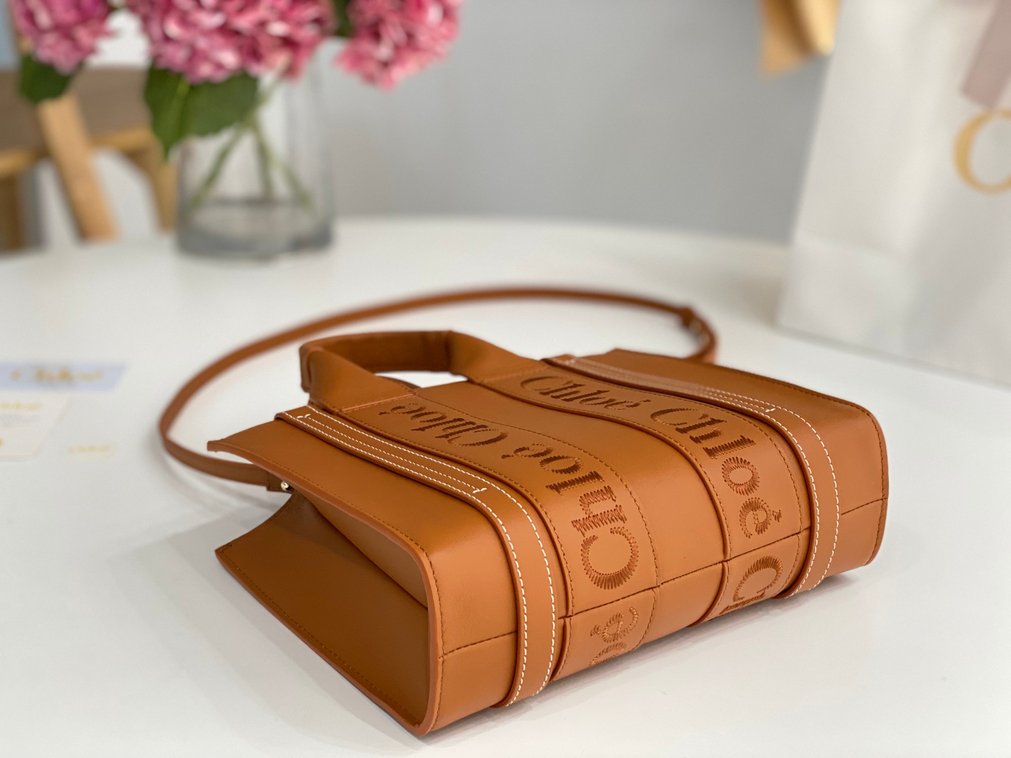 Chloe Small Woody Tote Bag In Caramel Soft Smooth Calfskin Leather